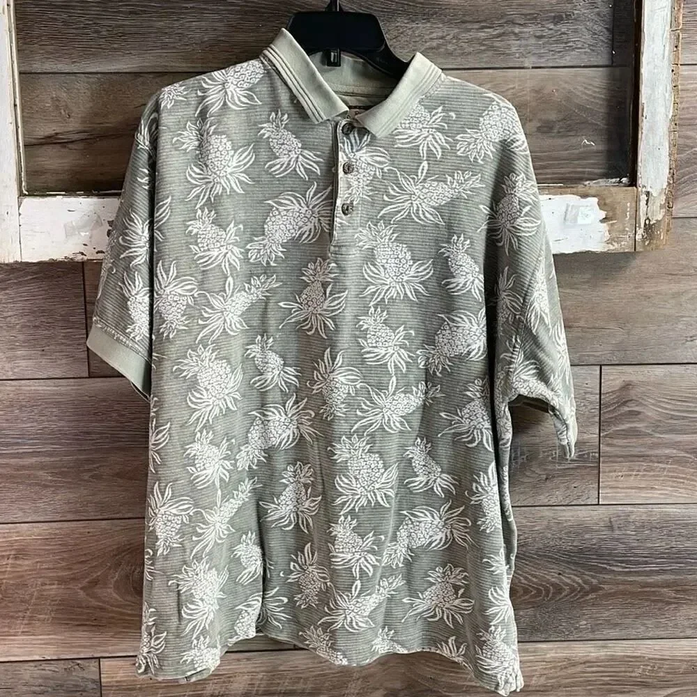 RINGO TROPICAL Mens Polo Pineapple Print Polo Shirt Gray White Vintage Size XL